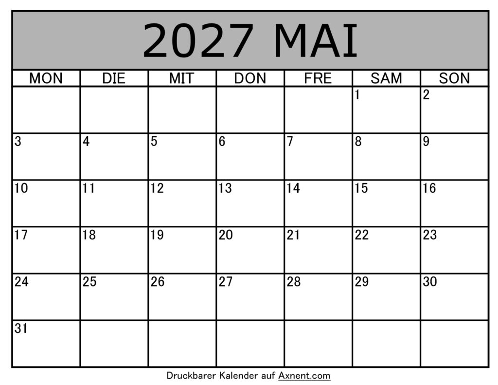Kalender Mai 2027 zum Ausdrucken