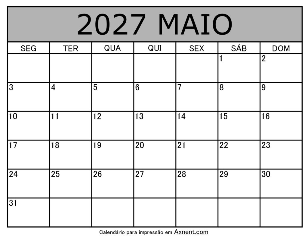 Maio De 2027 Calendario Imprimível