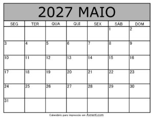 Maio De 2027 Calendario Imprimível