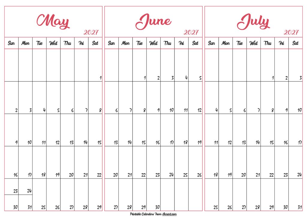 May June July 2027 Calendar