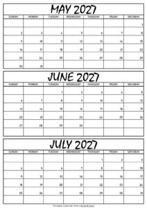 May June and July Calendar 2027