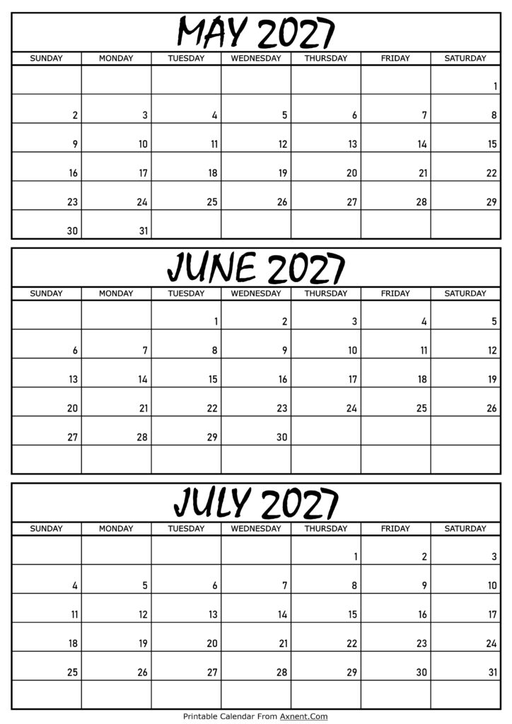 May June and July Calendar 2027