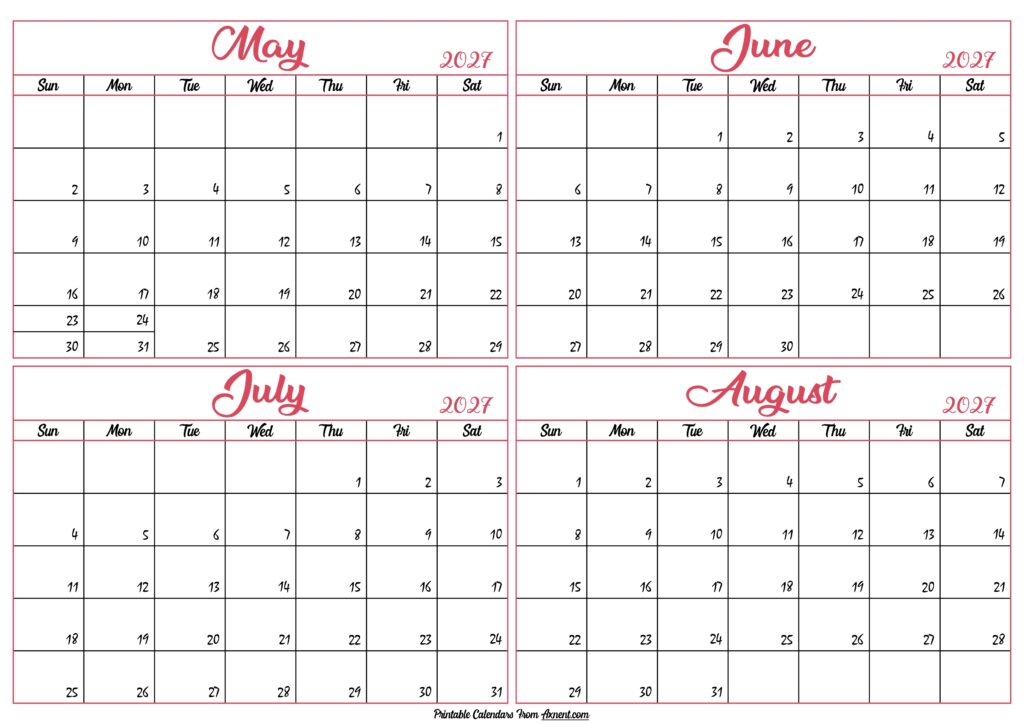May to August Calendar 2027