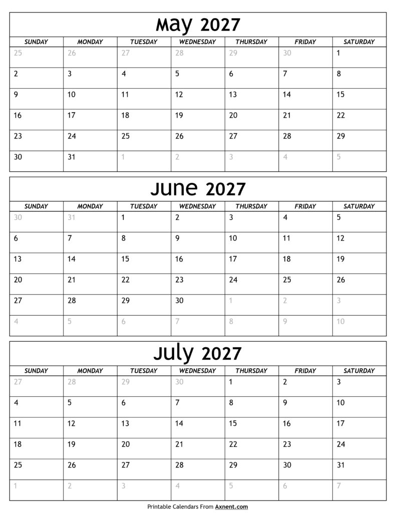 May to July 2027 Calendar