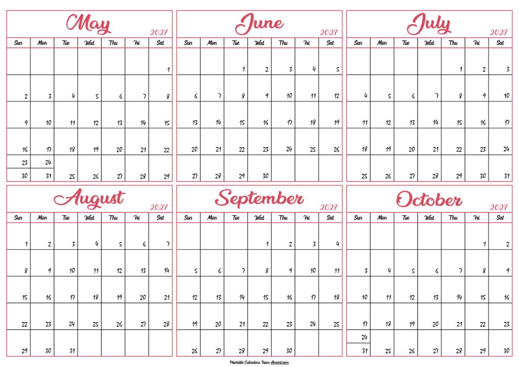 May to October Calendar 2027
