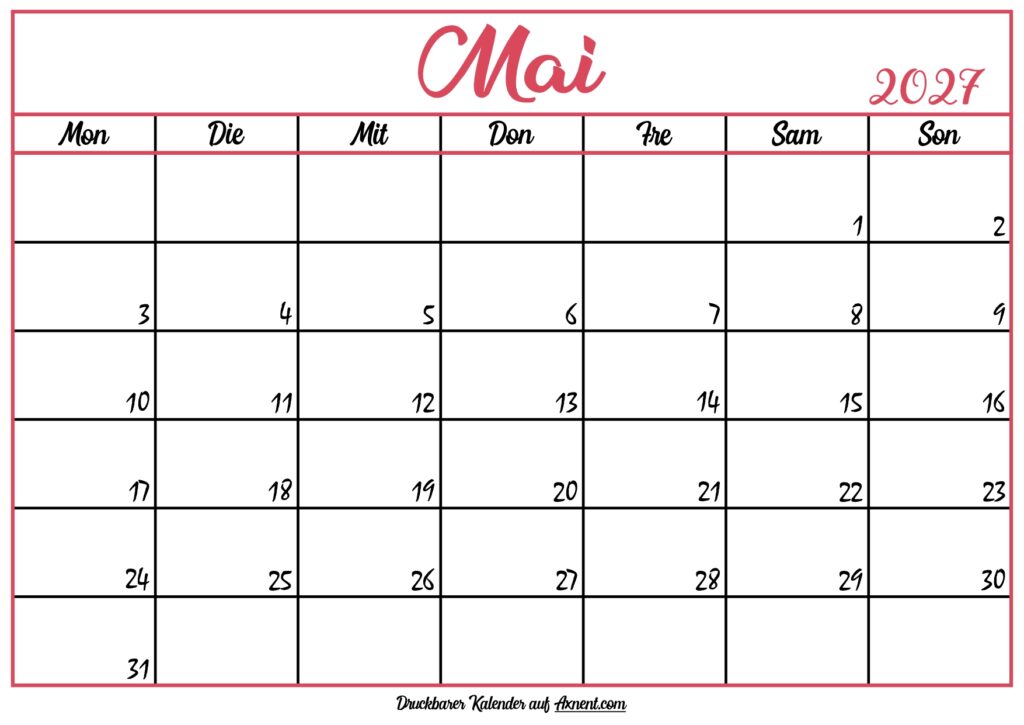 Monatskalender Mai 2027