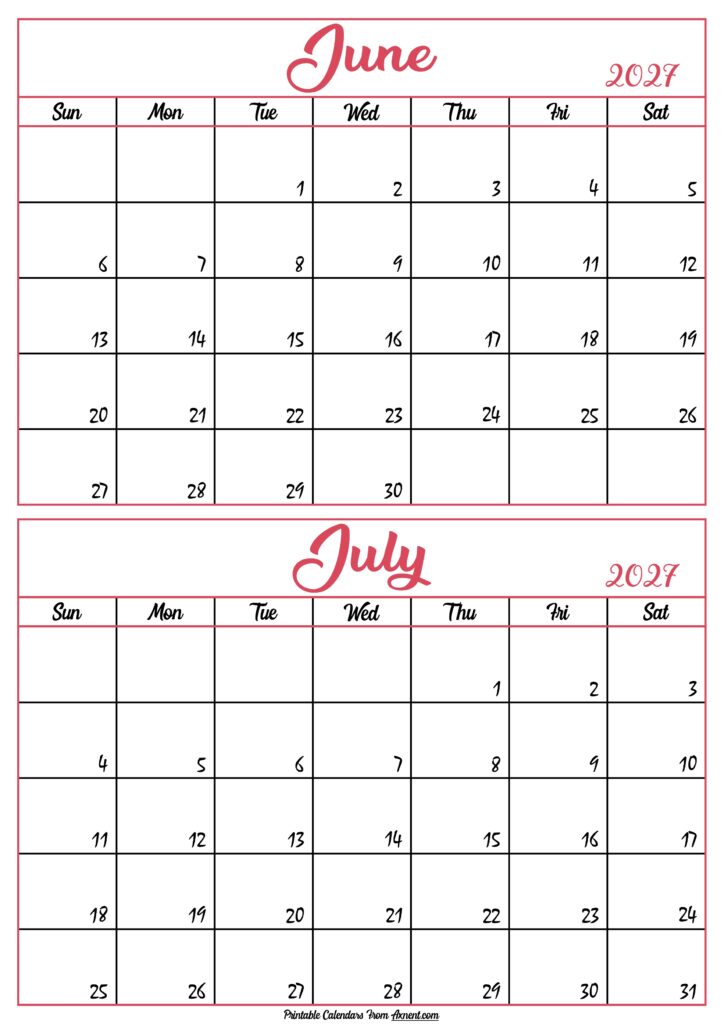 Calendar 2027 June July