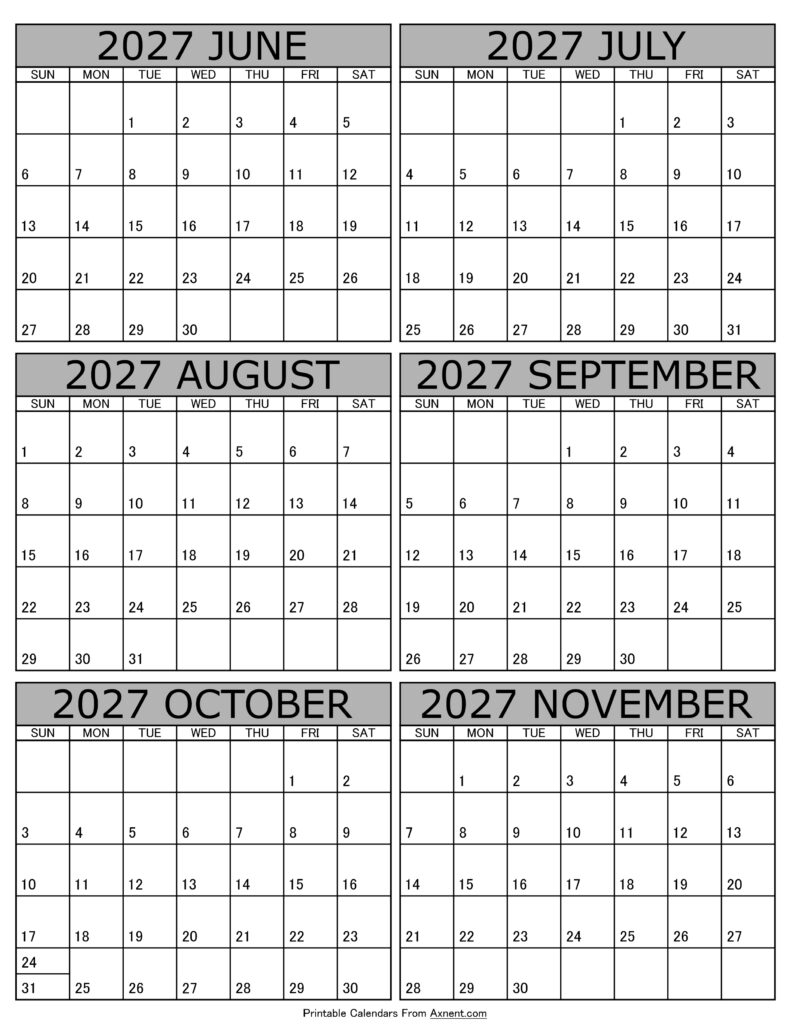 Calendar 2027 June to November