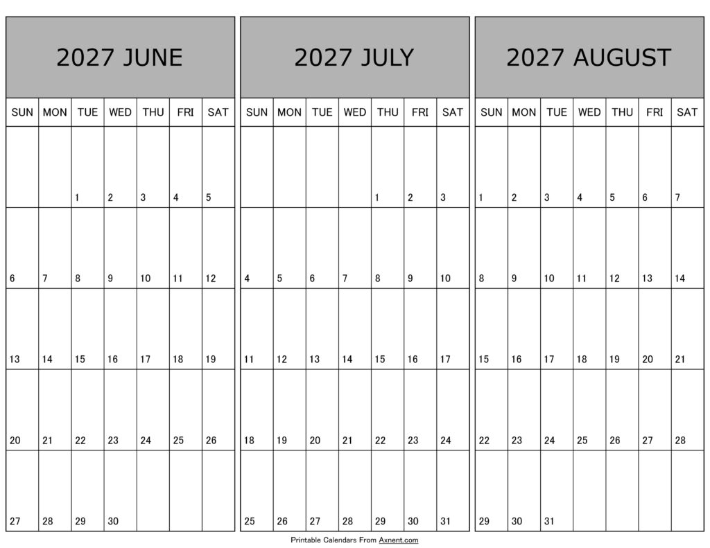 Calendar June July August 2027