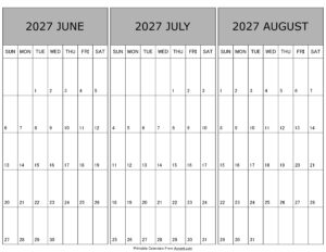 Calendar June July August 2027