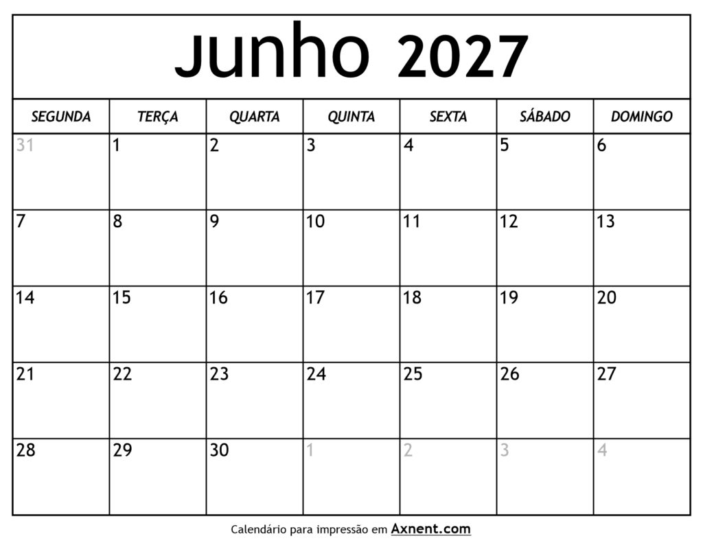 Calendário De Junho De 2027