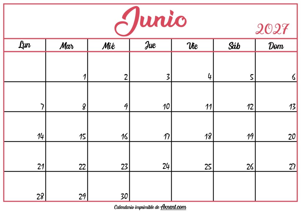 Calendario En Blanco Junio 2027