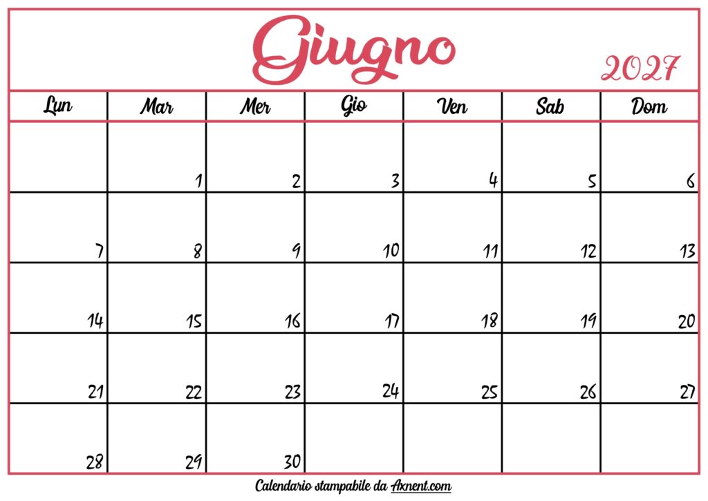 Calendario Giugno 2027 Stampabile