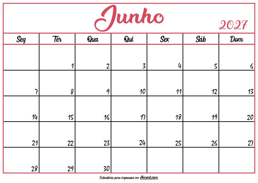 Calendário Junho 2027