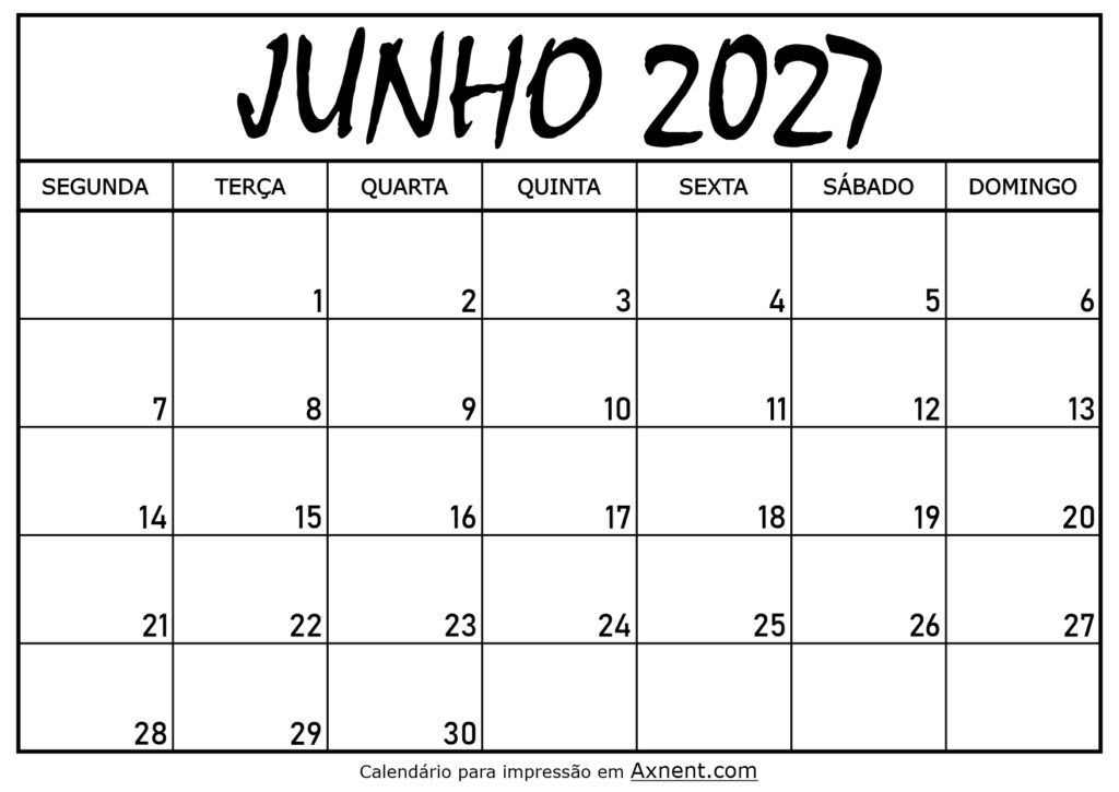 Calendário Mensal Junho 2027