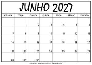 Calendário Mensal Junho 2027
