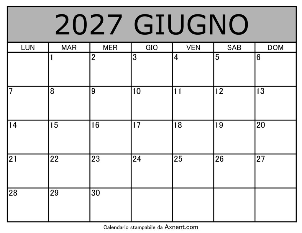 Calendario Mensile di Giugno 2027