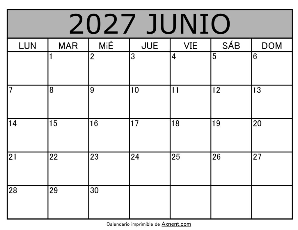Calendario Mensual Junio 2027