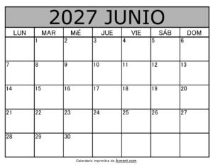Calendario Mensual Junio 2027