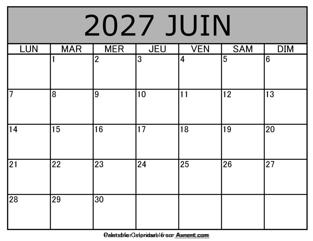 Calendrier À Imprimer Juin 2027