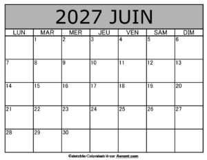 Calendrier À Imprimer Juin 2027