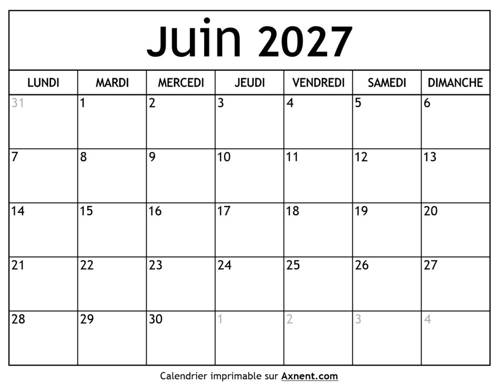 Calendrier Juin 2027