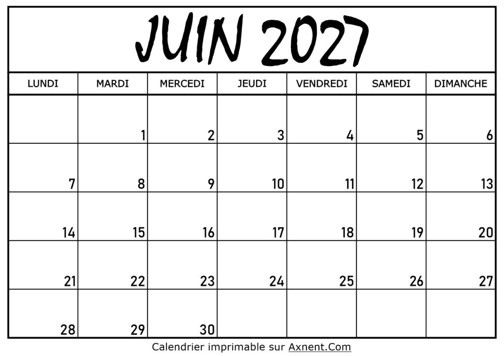 Calendrier Juin 2027 À Imprimer
