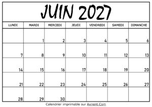 Calendrier Juin 2027 À Imprimer