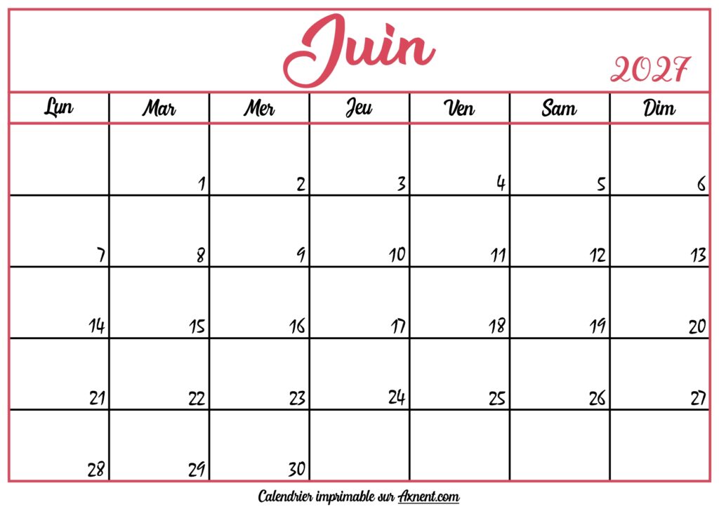 Calendrier Vierge Juin 2027