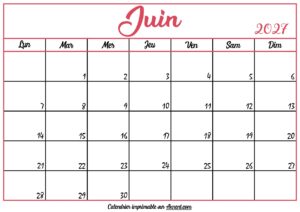 Calendrier Vierge Juin 2027
