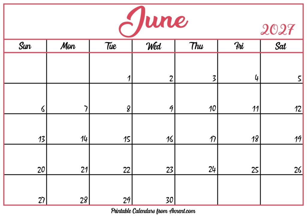 Free June Calendar 2027