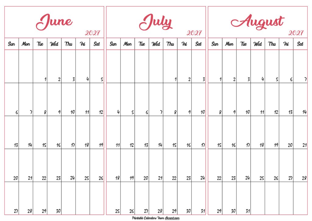 June July August 2027 Calendar