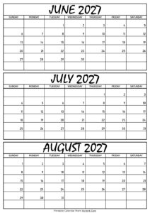 June July and August Calendar 2027