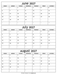 June to August 2027 Calendar