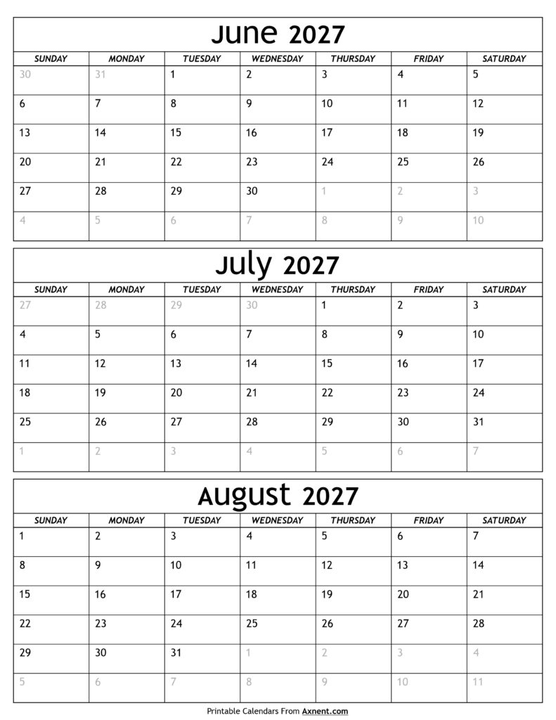 June to August 2027 Calendar