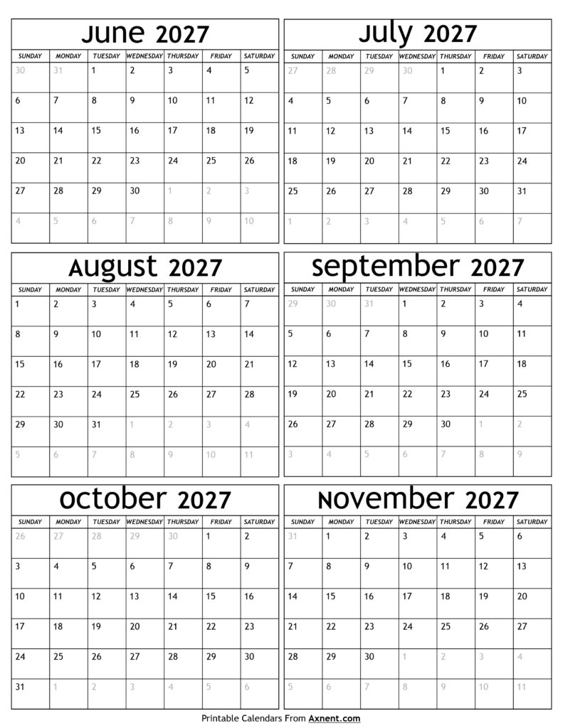 June to November 2027 Calendar
