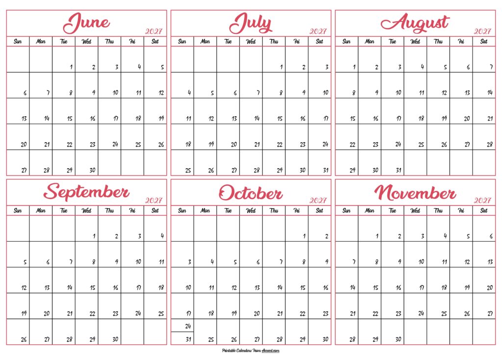 June to November Calendar 2027