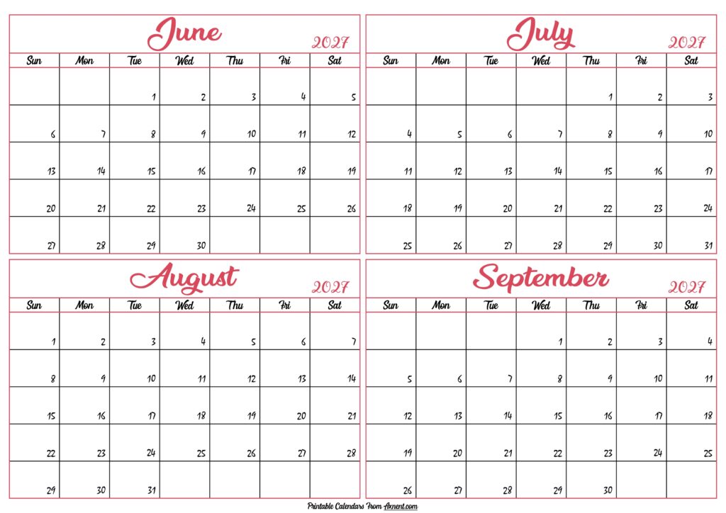 June to September Calendar 2027
