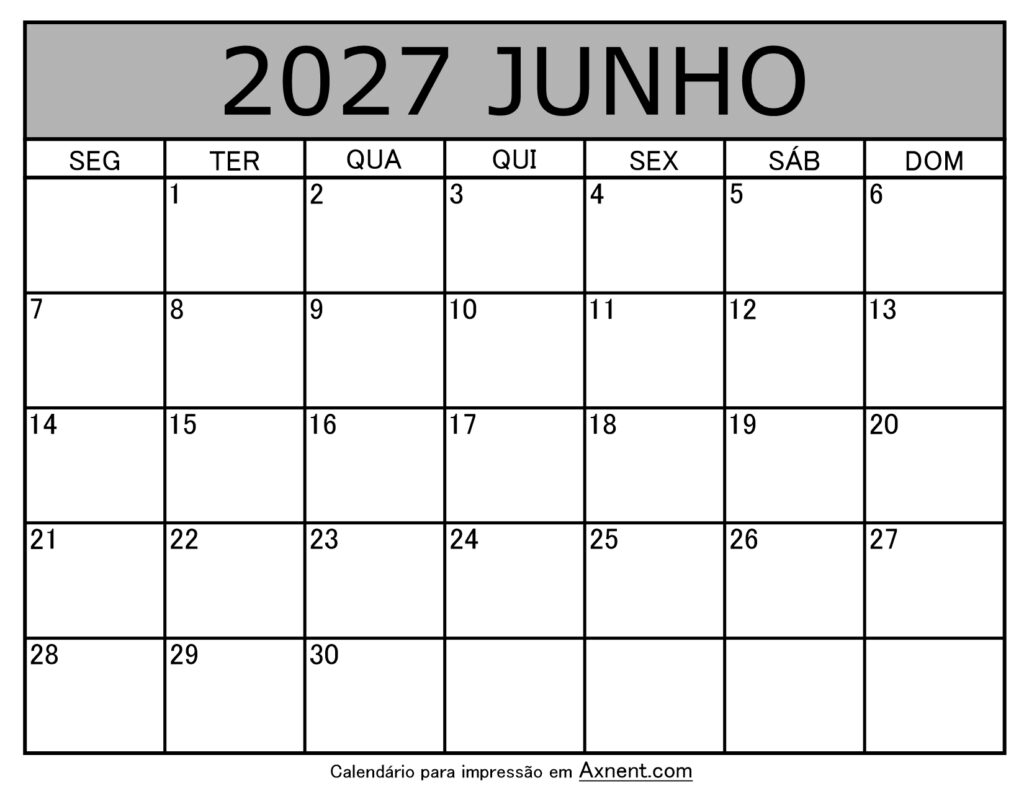 Junho De 2027 Calendario Imprimível