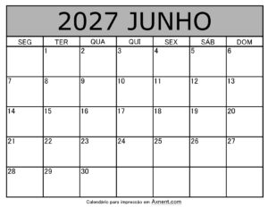 Junho De 2027 Calendario Imprimível