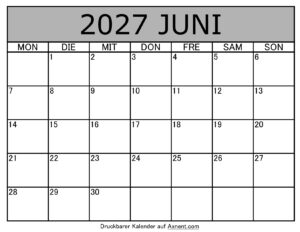 Kalender Juni 2027 zum Ausdrucken