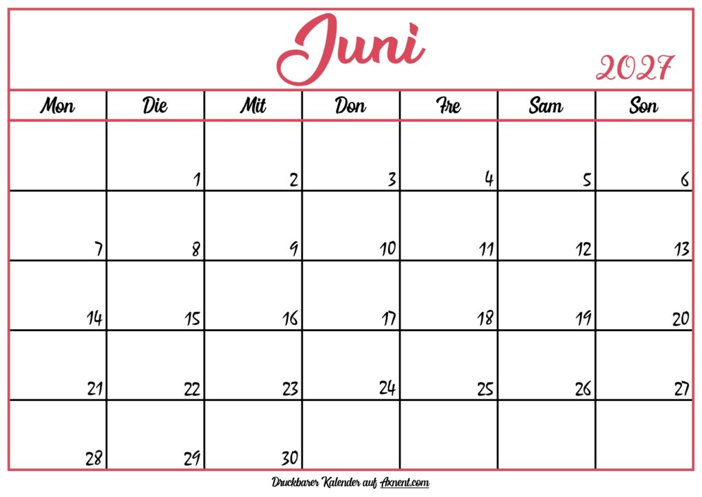 Monatskalender Juni 2027