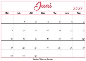 Monatskalender Juni 2027