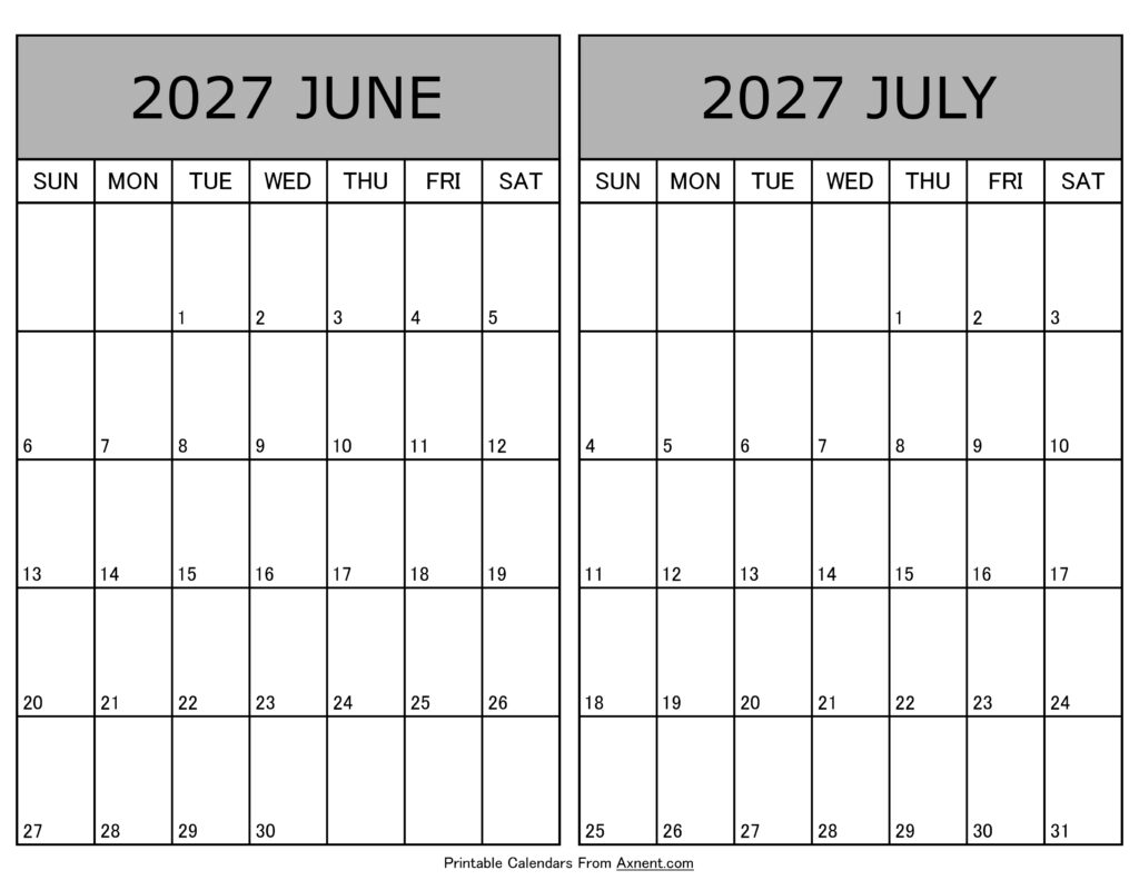 Printable June July 2027 Calendar